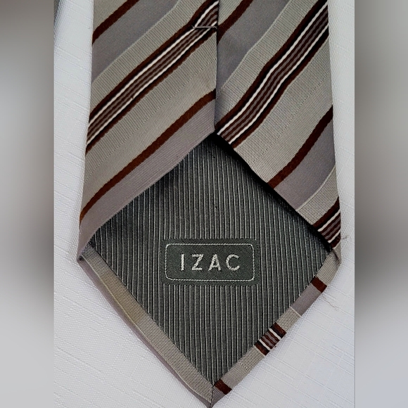 Beige, brown and gray striped silk IZAC 4 men tie/ pre-owned - Picture 7 of 12
